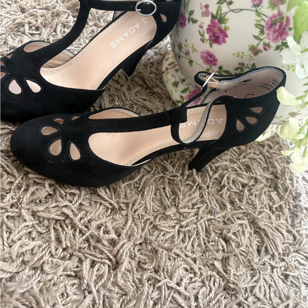 Adams Black Suede T-Strap Cutout Heels